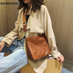 Women Crossbody Bag PU Leather Wide Strap Bucket Shoulder Bags