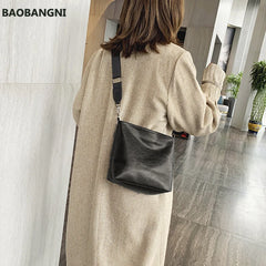 Women Crossbody Bag PU Leather Wide Strap Bucket Shoulder Bags
