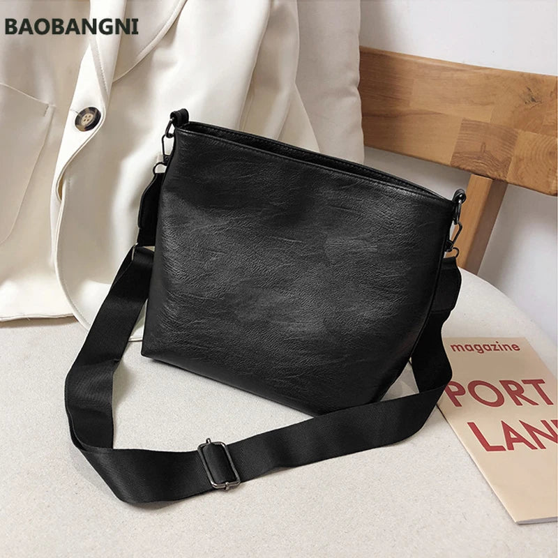 Women Crossbody Bag PU Leather Wide Strap Bucket Shoulder Bags