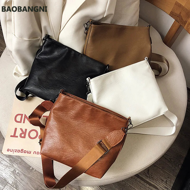 Women Crossbody Bag PU Leather Wide Strap Bucket Shoulder Bags
