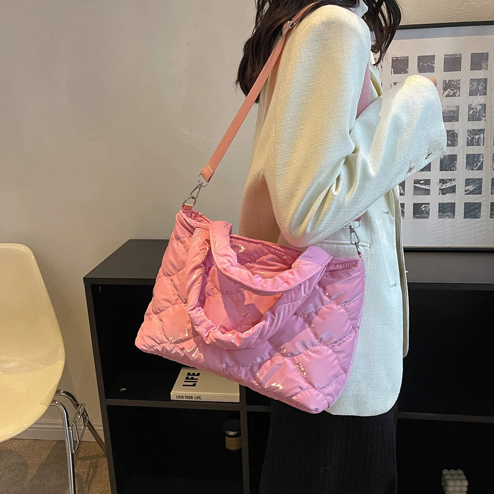Women Crossbody Bag Solid Nylon Cotton-padded Shopper Satchel Casual Zipper