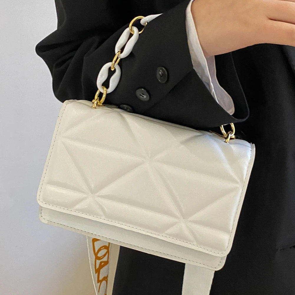 Wide Strap Small Square Crossbody Bag Chain Handbag Solid Color Shoulder Bag