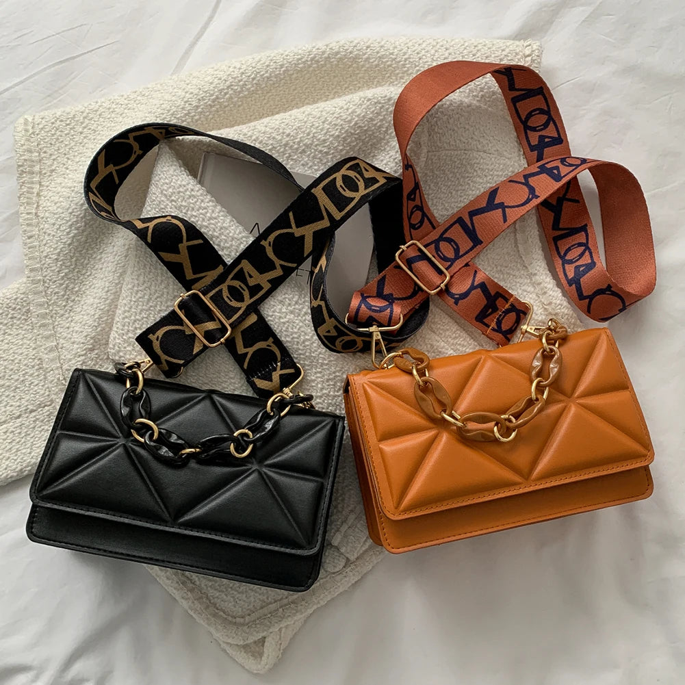 Wide Strap Small Square Crossbody Bag Chain Handbag Solid Color Shoulder Bag