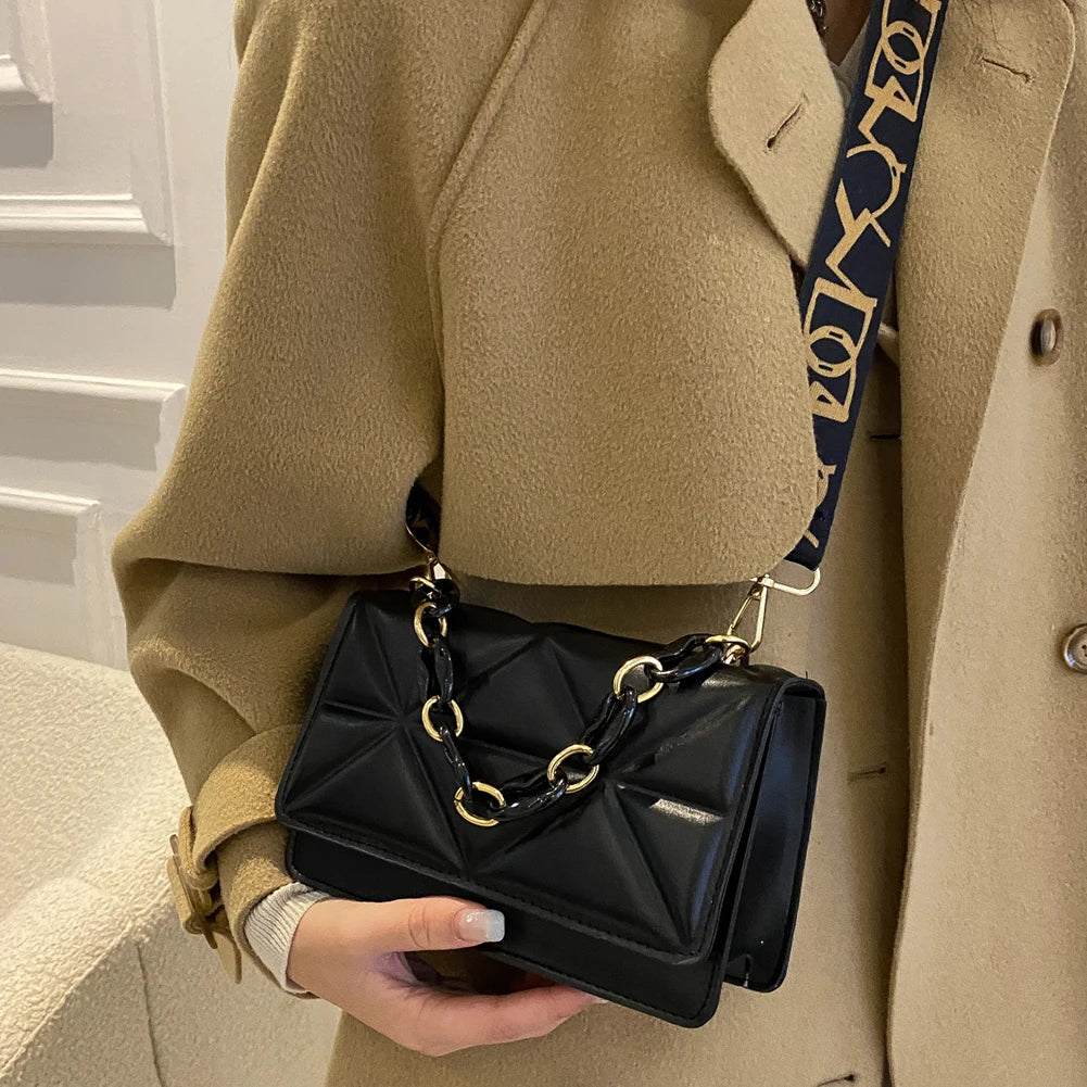 Wide Strap Small Square Crossbody Bag Chain Handbag Solid Color Shoulder Bag
