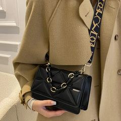 Wide Strap Small Square Crossbody Bag Chain Handbag Solid Color Shoulder Bag
