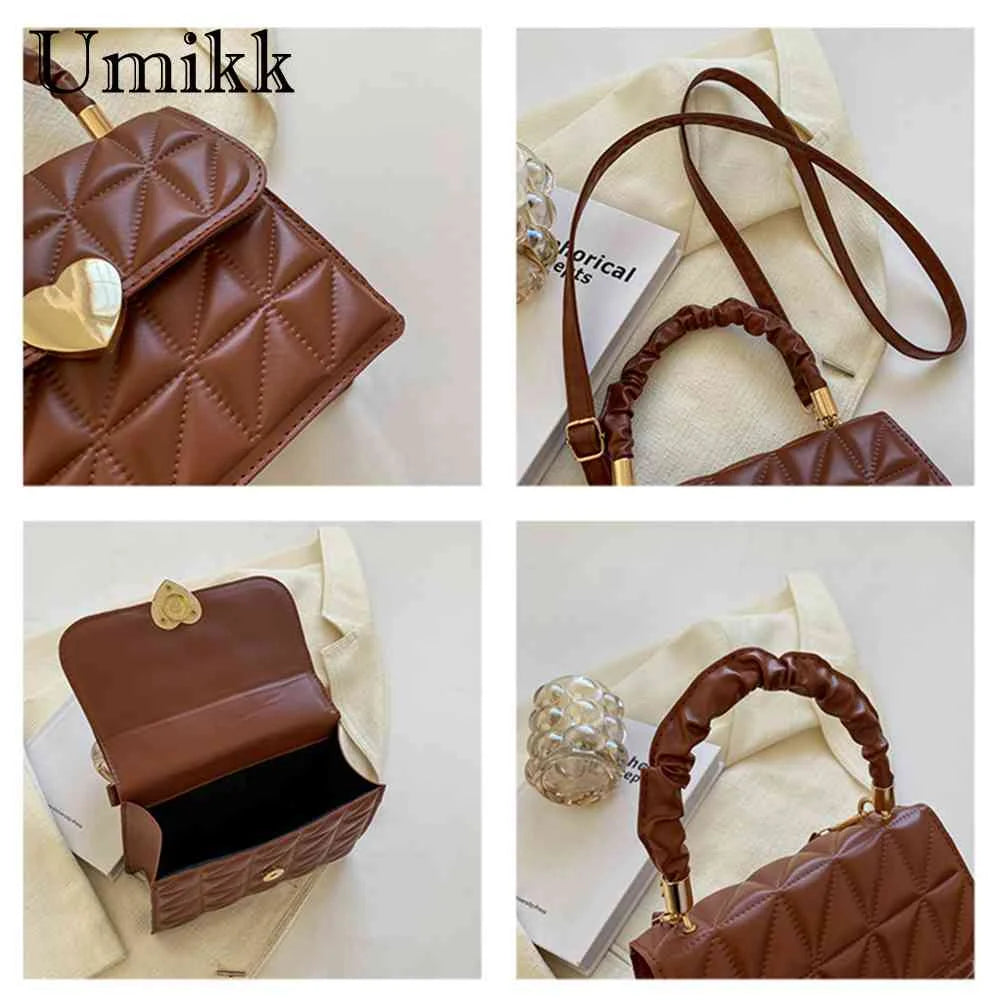 Women Crossbody Bags Pleated Heart Hasp Ladies Hand Bags Casual PU Leather Soft