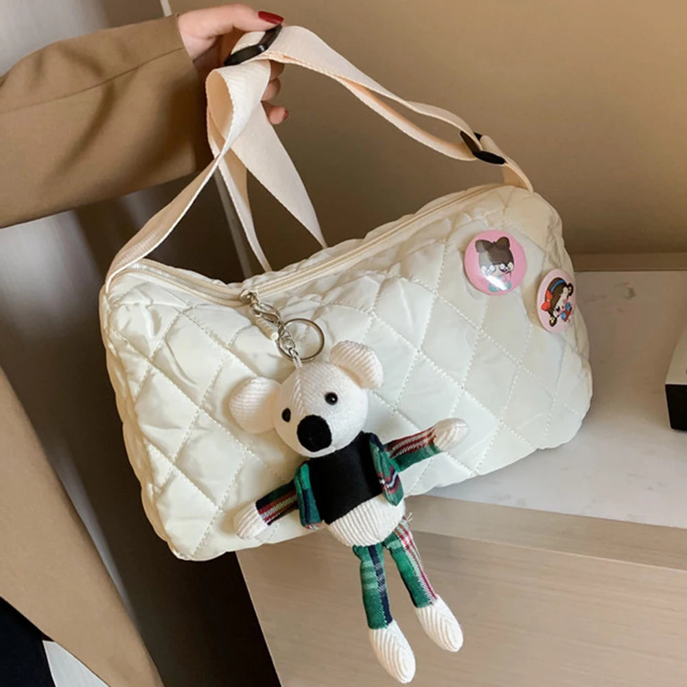 Women Crossbody Bag Quilted Shoulder Bag with Bear Pendant