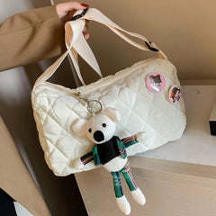 Women Crossbody Bag Quilted Shoulder Bag with Bear Pendant