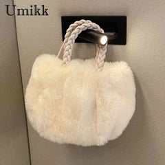 Plush Crossbody Handbag with Woven Handle - Soft Winter Purse