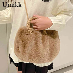 Plush Crossbody Handbag with Woven Handle - Soft Winter Purse
