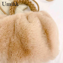 Plush Crossbody Handbag with Woven Handle - Soft Winter Purse