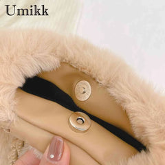 Plush Crossbody Handbag with Woven Handle - Soft Winter Purse