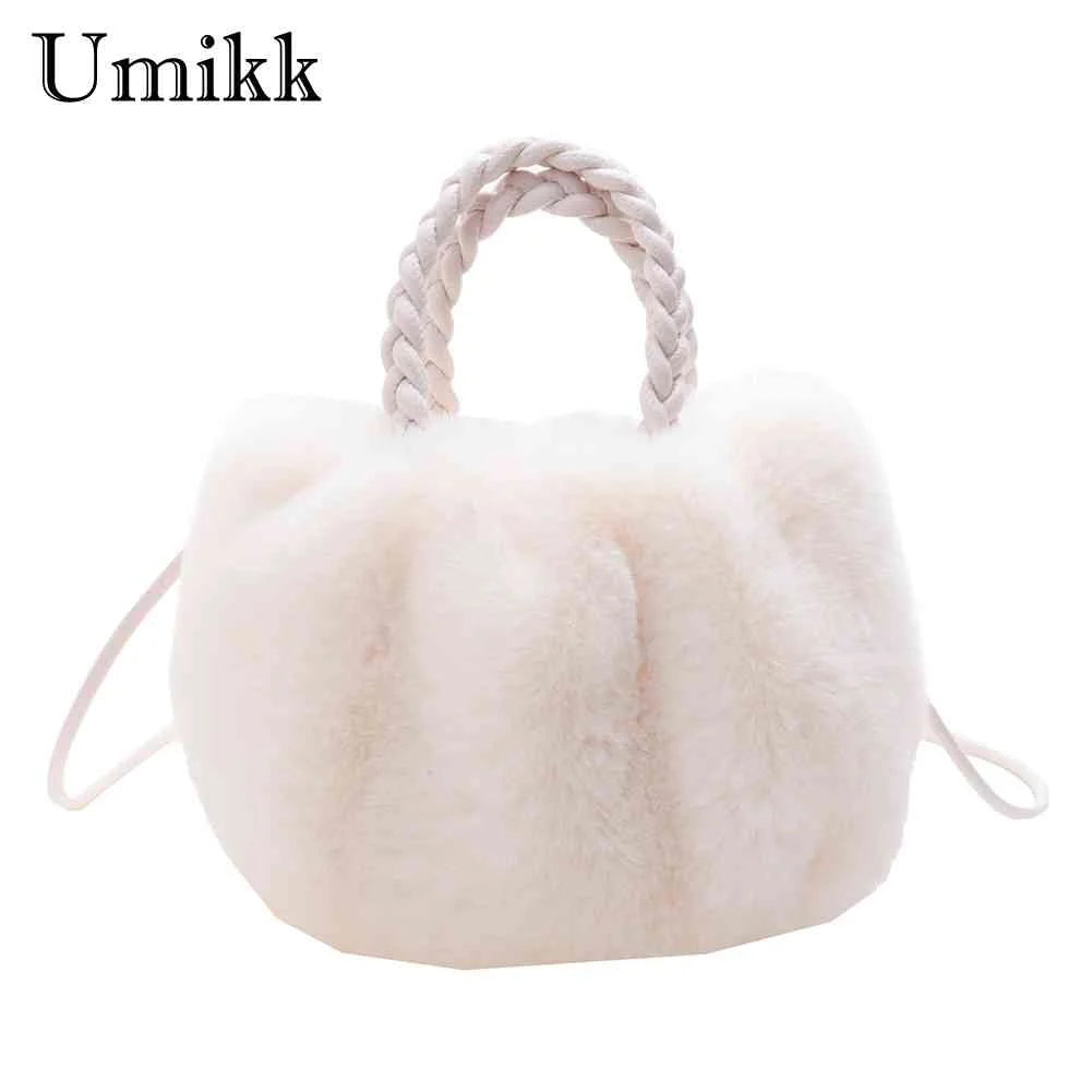Plush Crossbody Handbag with Woven Handle - Soft Winter Purse