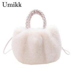 Plush Crossbody Handbag with Woven Handle - Soft Winter Purse