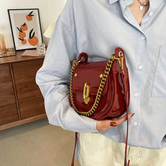 Bright Patent Leather Saddle Bag Purse Metal Chain Handbag