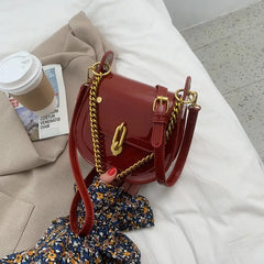 Bright Patent Leather Saddle Bag Purse Metal Chain Handbag
