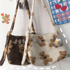Women Bear Fabric Plush Shoulder Bag Handbag Tote Bag Soft Shopping School