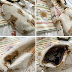 Women Bear Fabric Plush Shoulder Bag Handbag Tote Bag Soft Shopping School