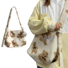 Women Bear Fabric Plush Shoulder Bag Handbag Tote Bag Soft Shopping School