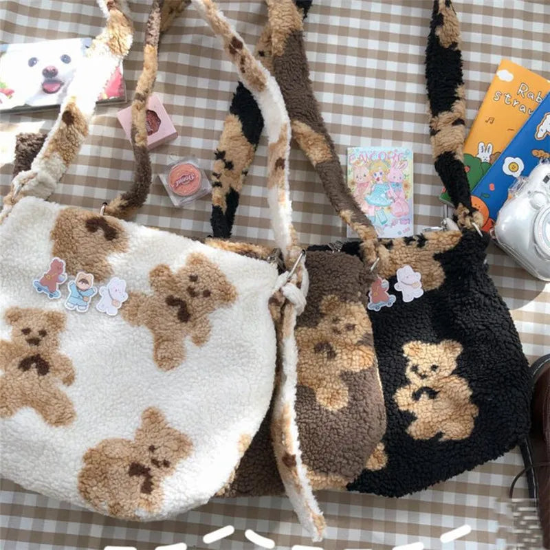 Women Bear Fabric Plush Shoulder Bag Handbag Tote Bag Soft Shopping School