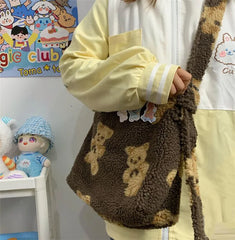 Women Bear Fabric Plush Shoulder Bag Handbag Tote Bag Soft Shopping School