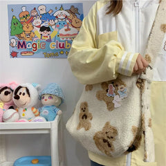 Women Bear Fabric Plush Shoulder Bag Handbag Tote Bag Soft Shopping School