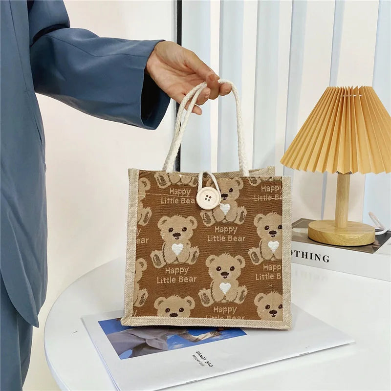Women Bear Pattern Shoulder Bag Flax Girl Student Handbag Mini Outdoor Handbag