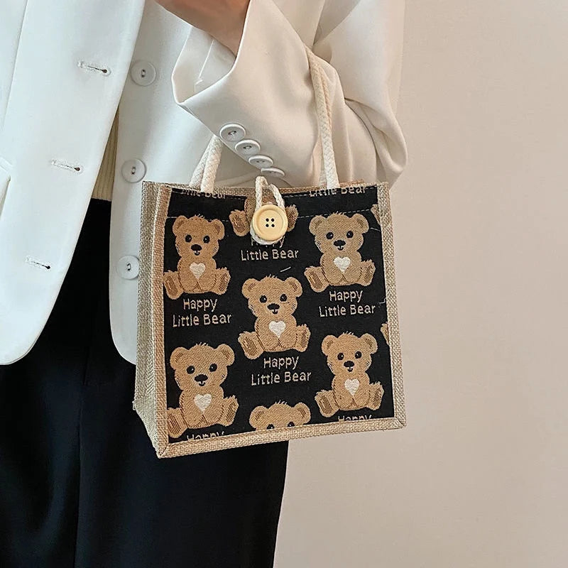 Women Bear Pattern Shoulder Bag Flax Girl Student Handbag Mini Outdoor Handbag