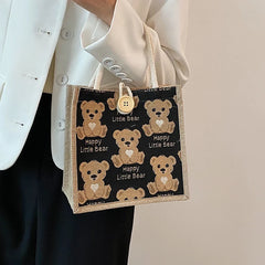 Women Bear Pattern Shoulder Bag Flax Girl Student Handbag Mini Outdoor Handbag