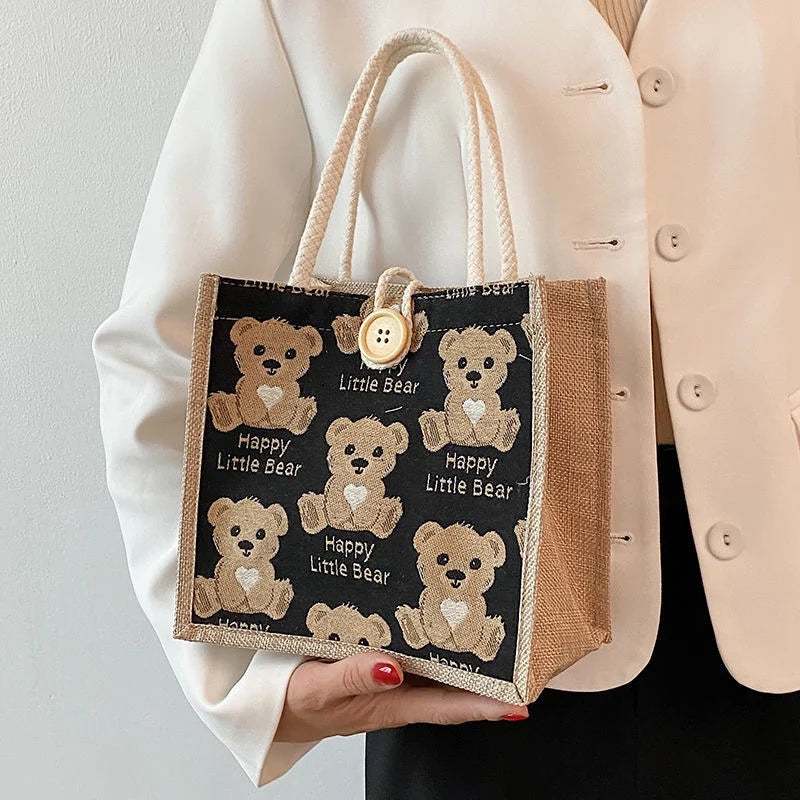 Women Bear Pattern Shoulder Bag Flax Girl Student Handbag Mini Outdoor Handbag