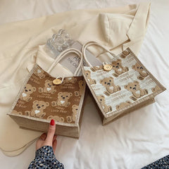 Women Bear Pattern Shoulder Bag Flax Girl Student Handbag Mini Outdoor Handbag