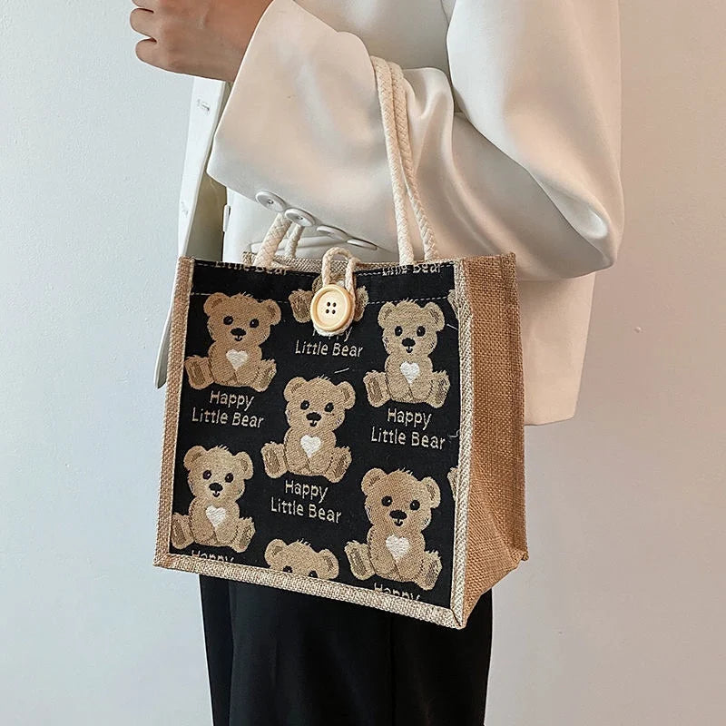 Women Bear Pattern Shoulder Bag Flax Girl Student Handbag Mini Outdoor Handbag