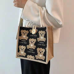 Women Bear Pattern Shoulder Bag Flax Girl Student Handbag Mini Outdoor Handbag