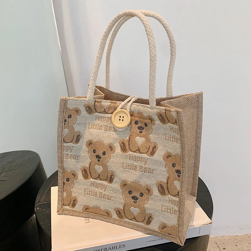 Women Bear Pattern Shoulder Bag Flax Girl Student Handbag Mini Outdoor Handbag