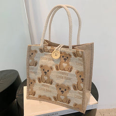 Women Bear Pattern Shoulder Bag Flax Girl Student Handbag Mini Outdoor Handbag