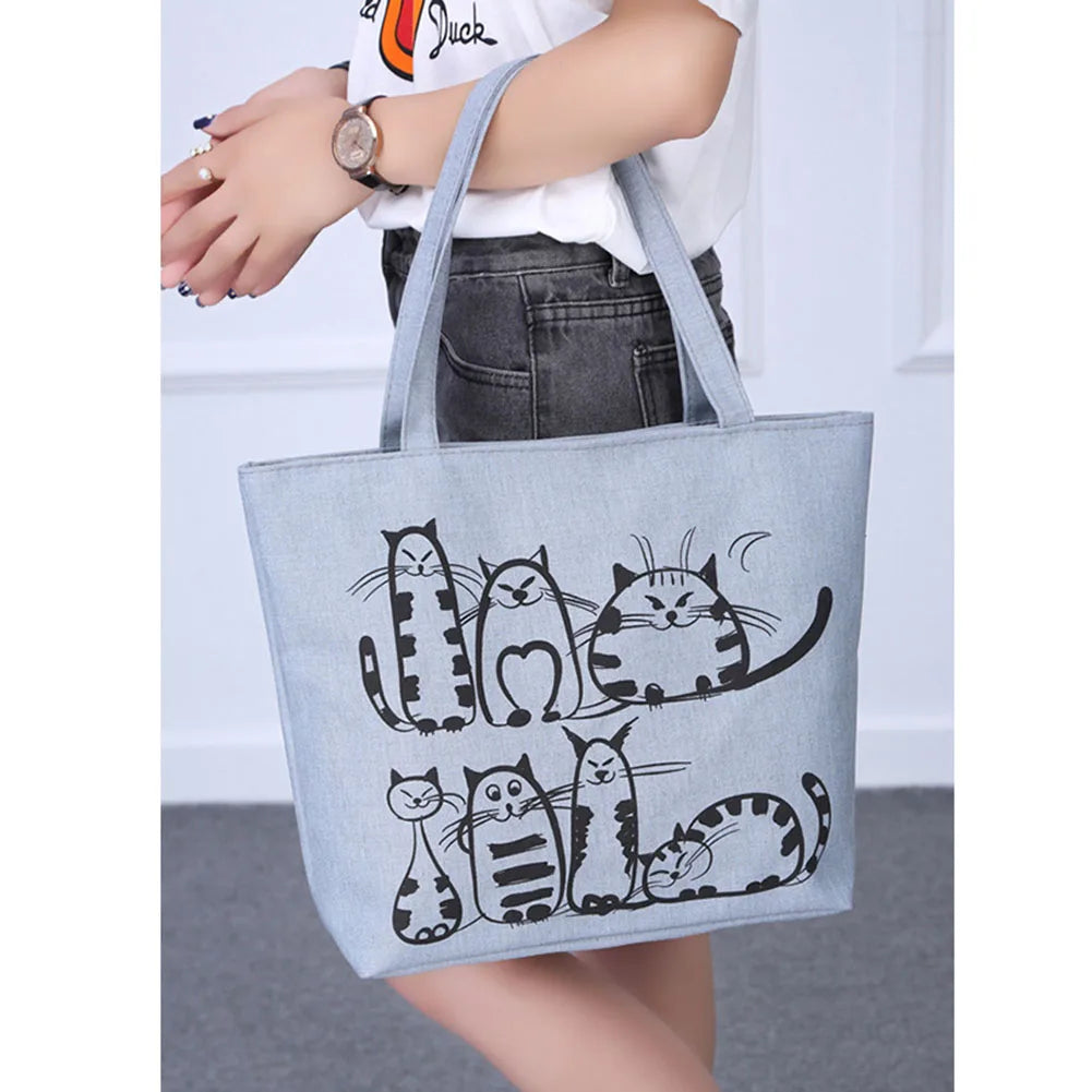 Women Cat Print Canvas Shoulder Bag Zipper Tote Handbag UND