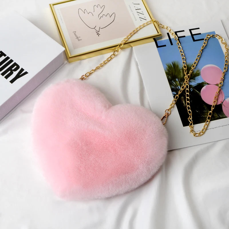 Women Heart Shaped Fluffy Crossbody Bags Rabbit Fur Chain Shoulder Bag