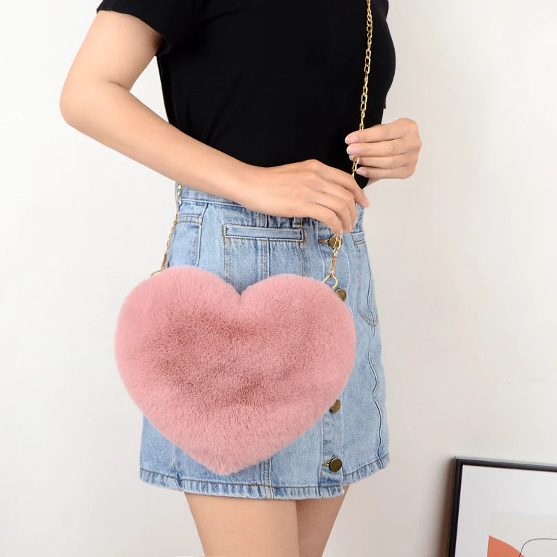 Women Heart Shaped Fluffy Crossbody Bags Rabbit Fur Chain Shoulder Bag