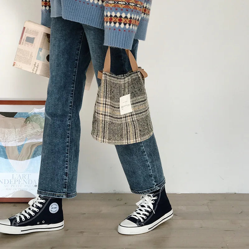 Vintage Plaid Handbag Totes for Women, Small Shoulder Bag Cotton Purse