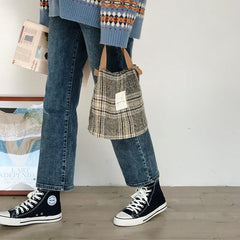Vintage Plaid Handbag Totes for Women, Small Shoulder Bag Cotton Purse