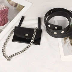 Women Waist Belt Bag with Metallic Chain Casual PU Leather Phone Purse