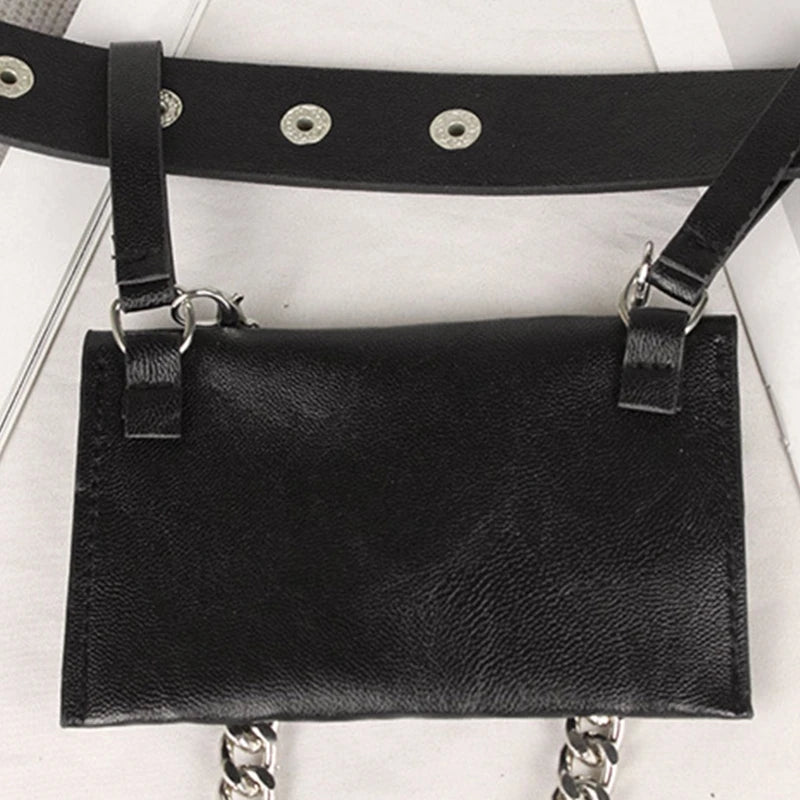 Women Waist Belt Bag with Metallic Chain Casual PU Leather Phone Purse