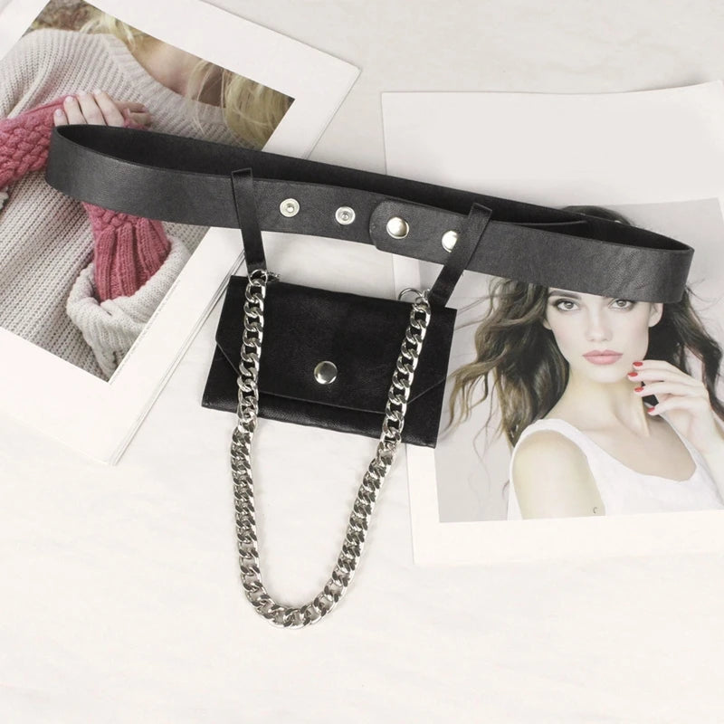 Women Waist Belt Bag with Metallic Chain Casual PU Leather Phone Purse