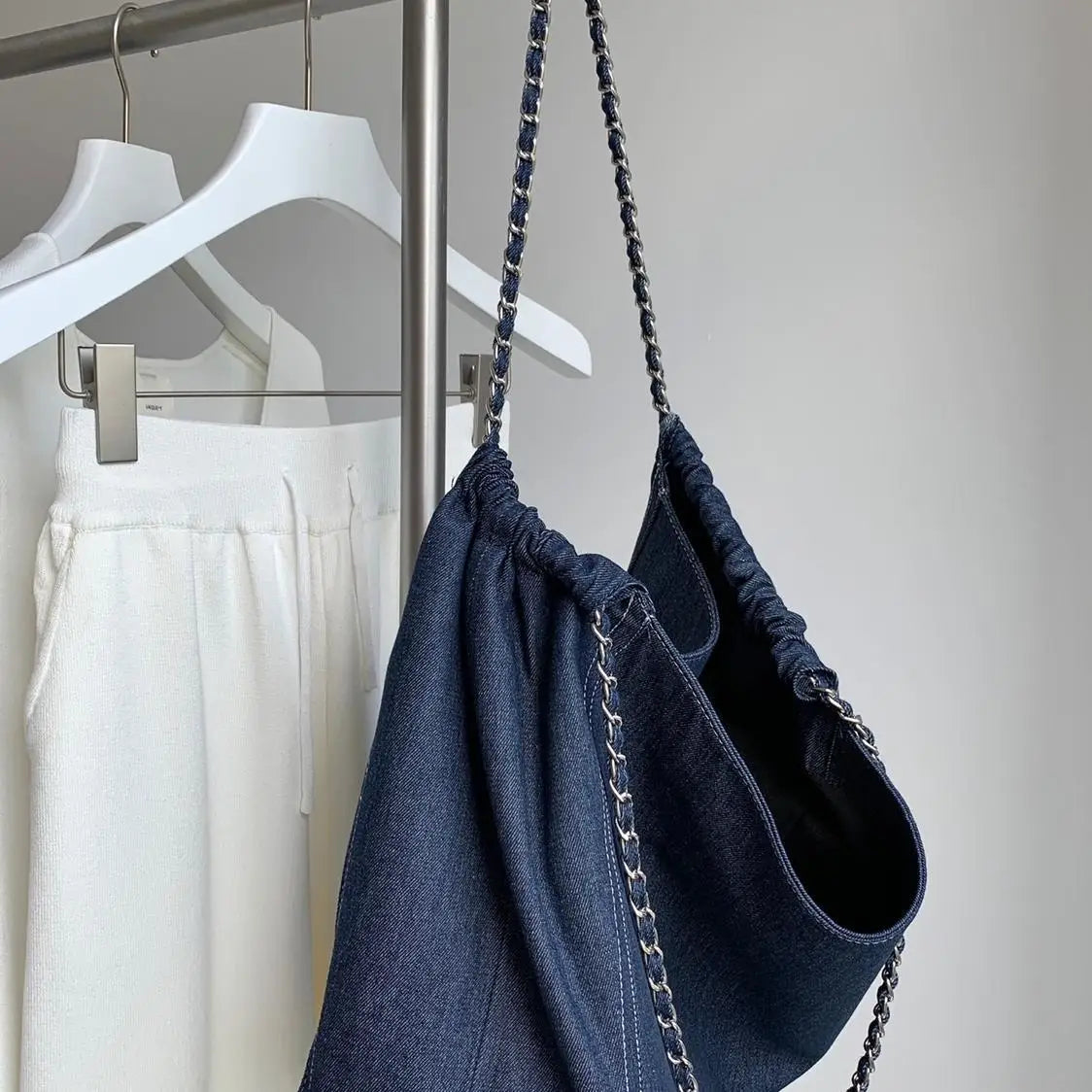 Women Denim Casual Tote Bag High-Capacity Zipper Shoulder Handbag