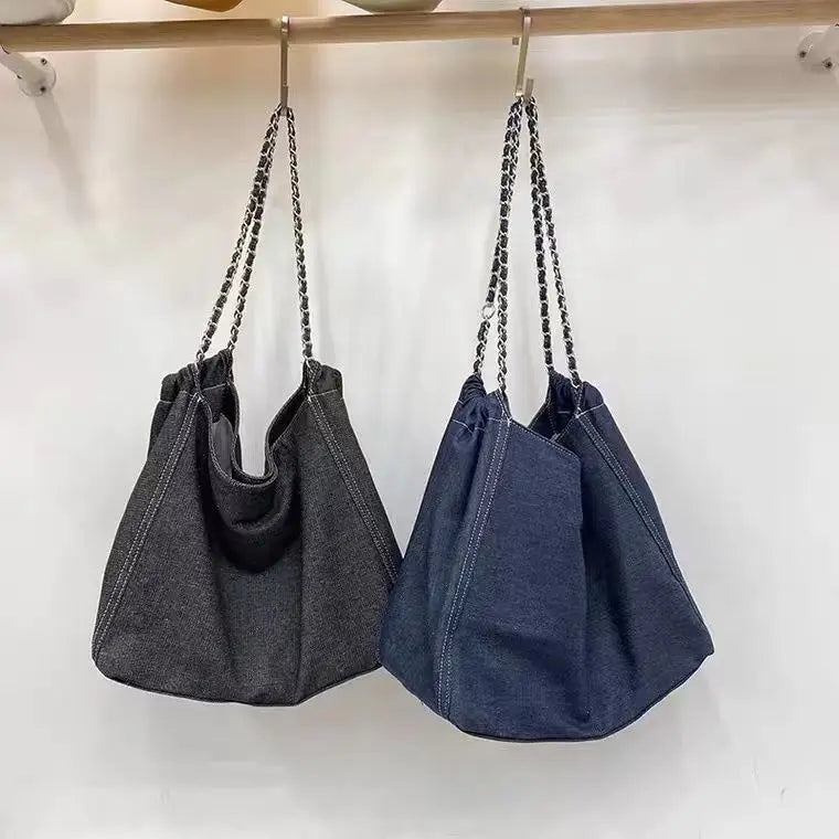 Women Denim Casual Tote Bag High-Capacity Zipper Shoulder Handbag