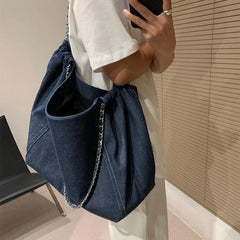 Women Denim Casual Tote Bag High-Capacity Zipper Shoulder Handbag
