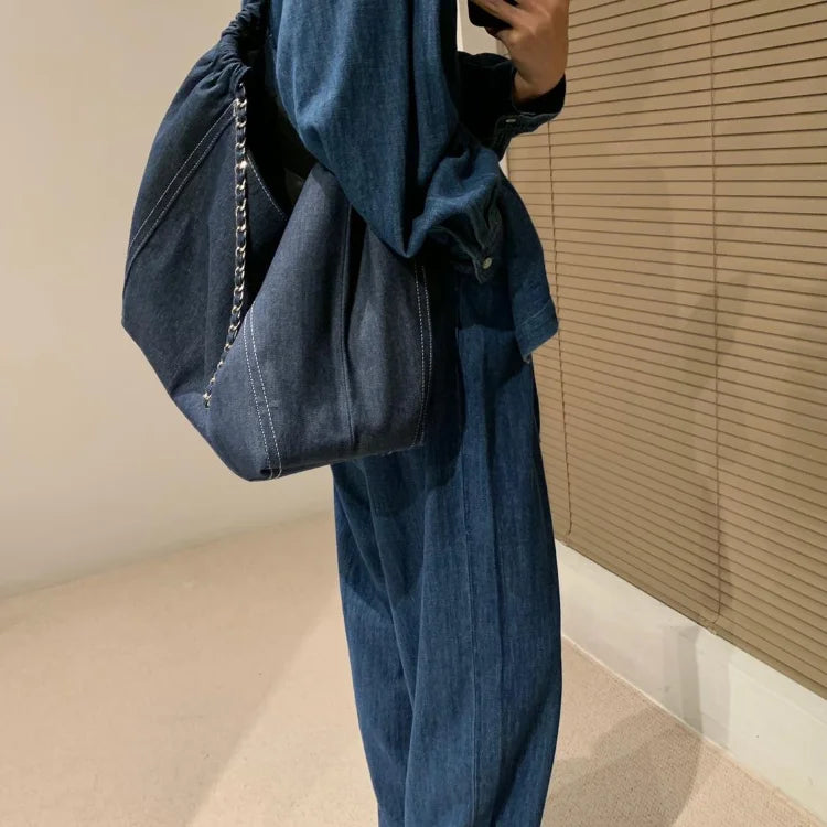 Women Denim Casual Tote Bag High-Capacity Zipper Shoulder Handbag