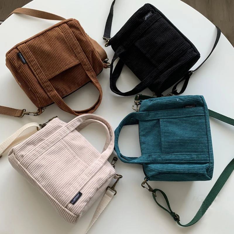 Retro Corduroy Tote Bag Women Crossbody Shoulder Shopper Travel Phone Pouch