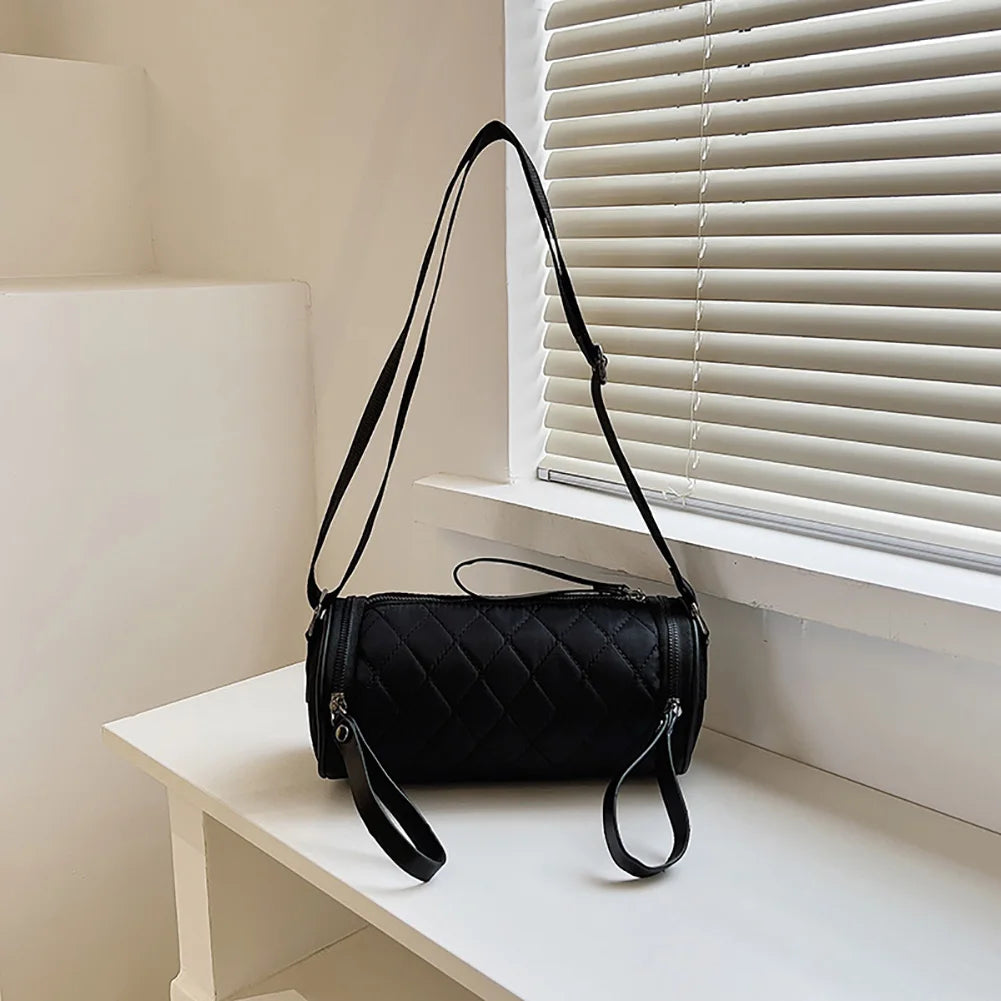 Women Diamond Lattice Leather Cylinder Pillow Bag Crossbody Handbag