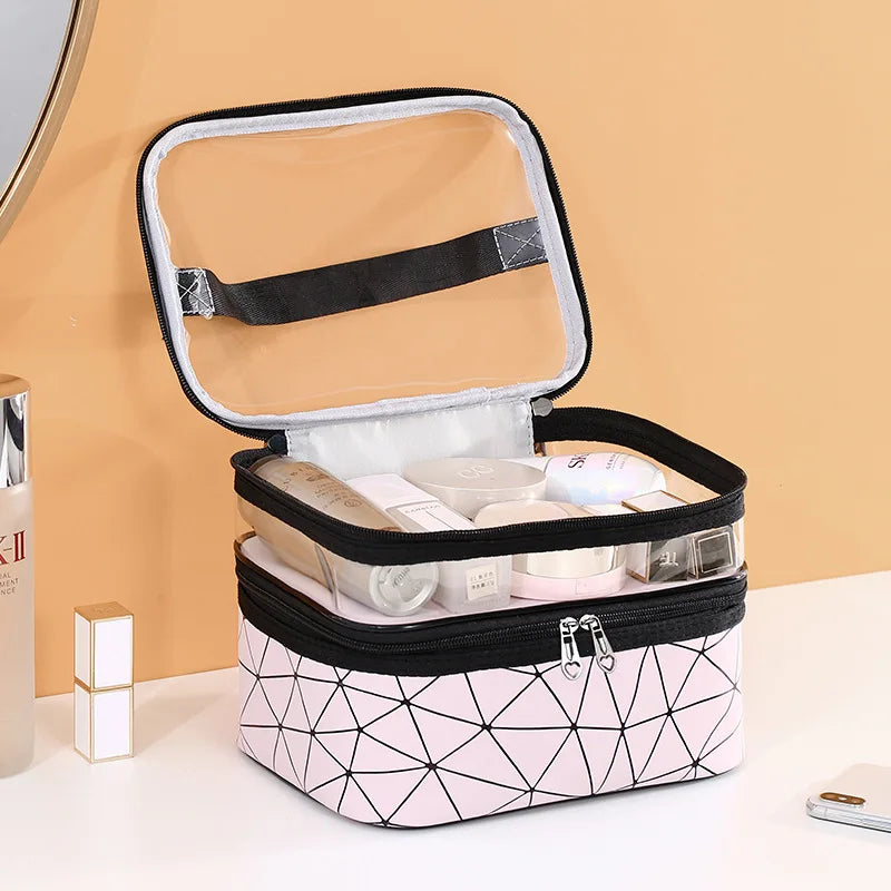 Double Layer Cosmetic Bag PU Makeup Organizer Waterproof Toiletry Storage